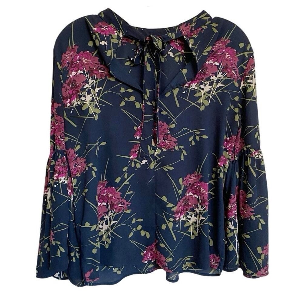 Loft Outlet Petite Blue/Plum/Green Floral Neck-Tie Top Bell Sleeves - SP